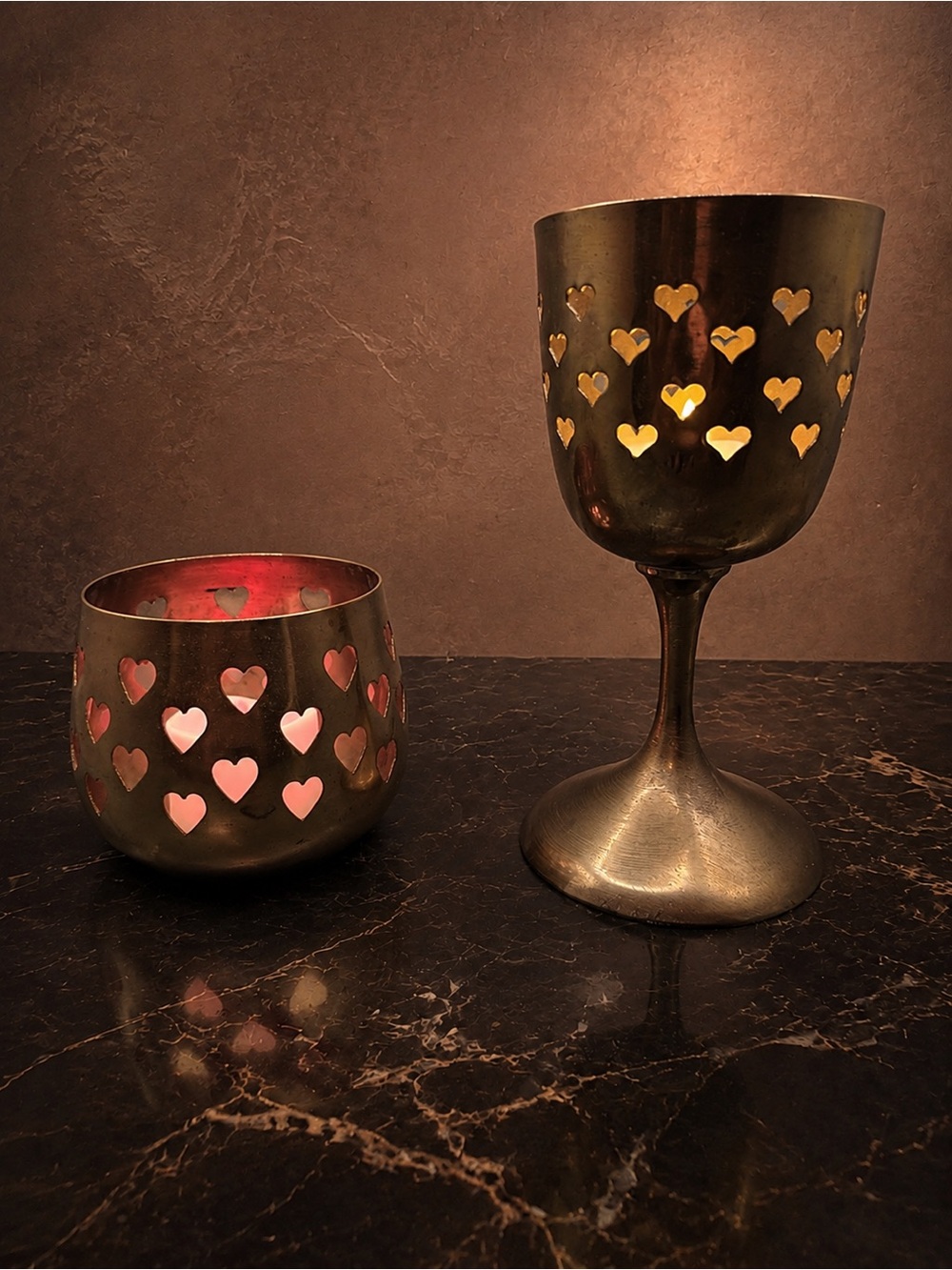 Vintage Solid Brass Heart Cutout Candle Holders | Votive Tea Light Set of 2